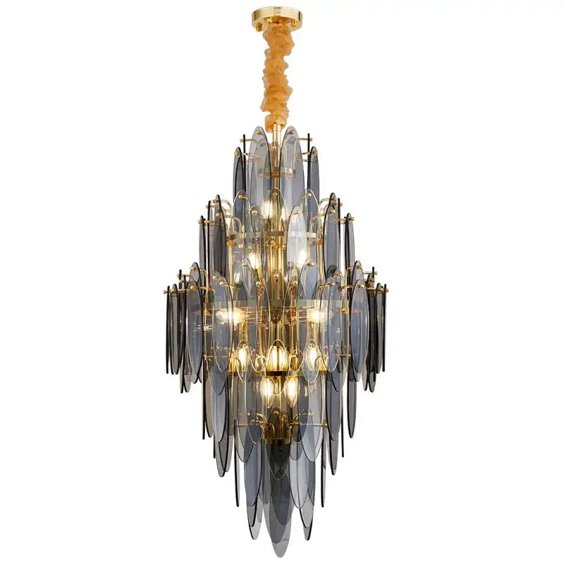 Art deco glass leaf chandelier amber & gold dining room light