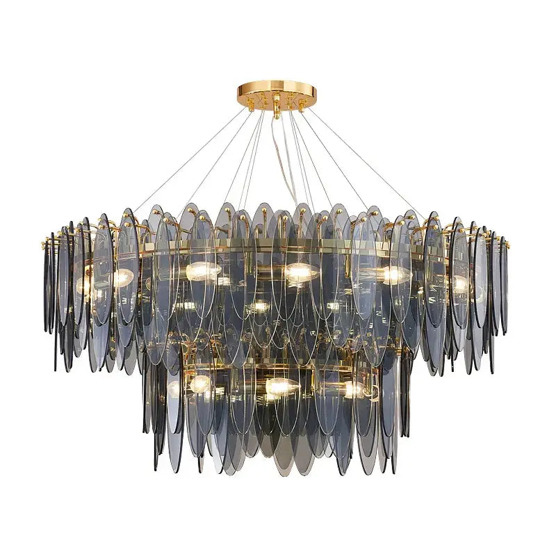 Art deco glass leaf chandelier amber & gold dining room light