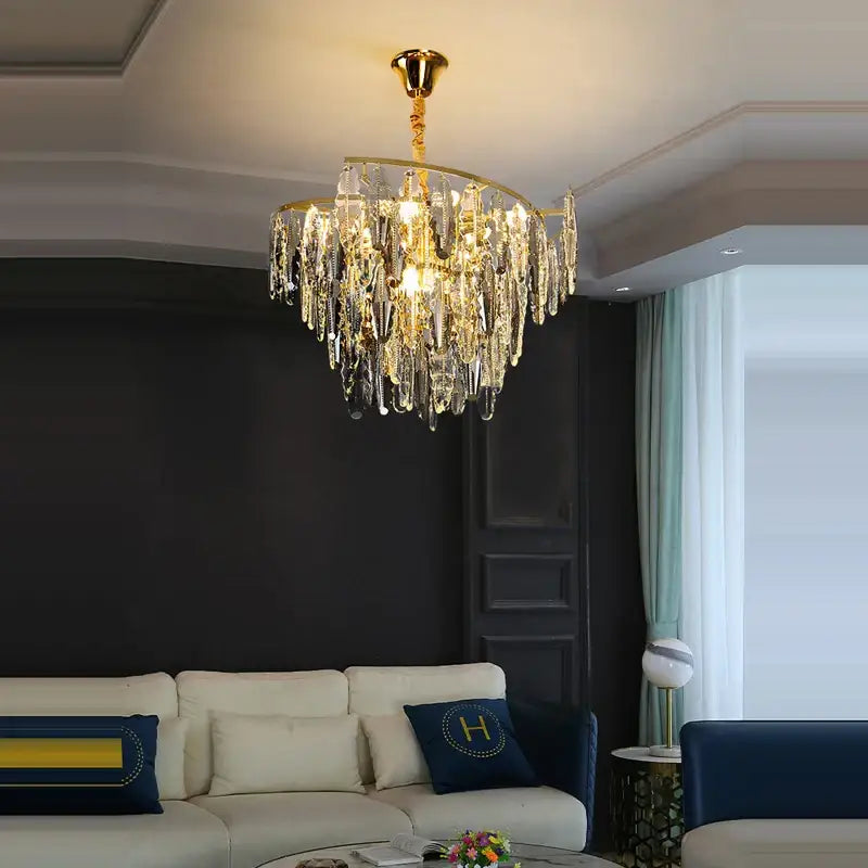 Art deco led crystal chandelier gold and smoky foyer lighting