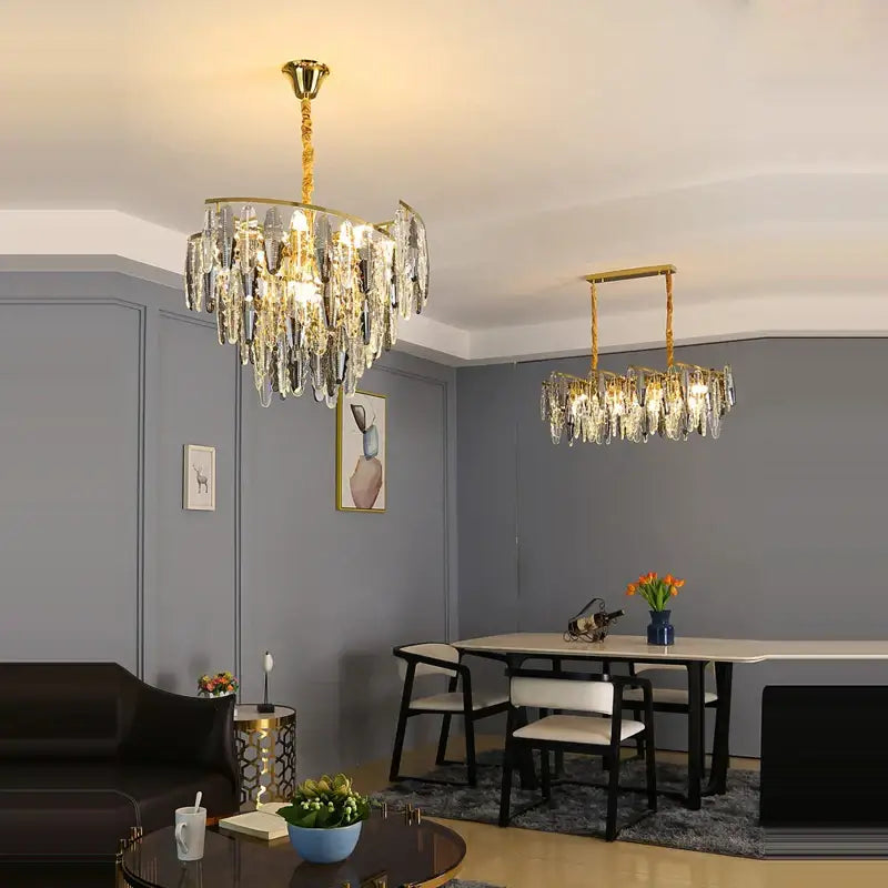 Art deco led crystal chandelier gold and smoky foyer lighting