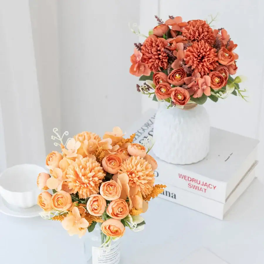 White and yellow artificial hydrangea tea rose bouquet living room