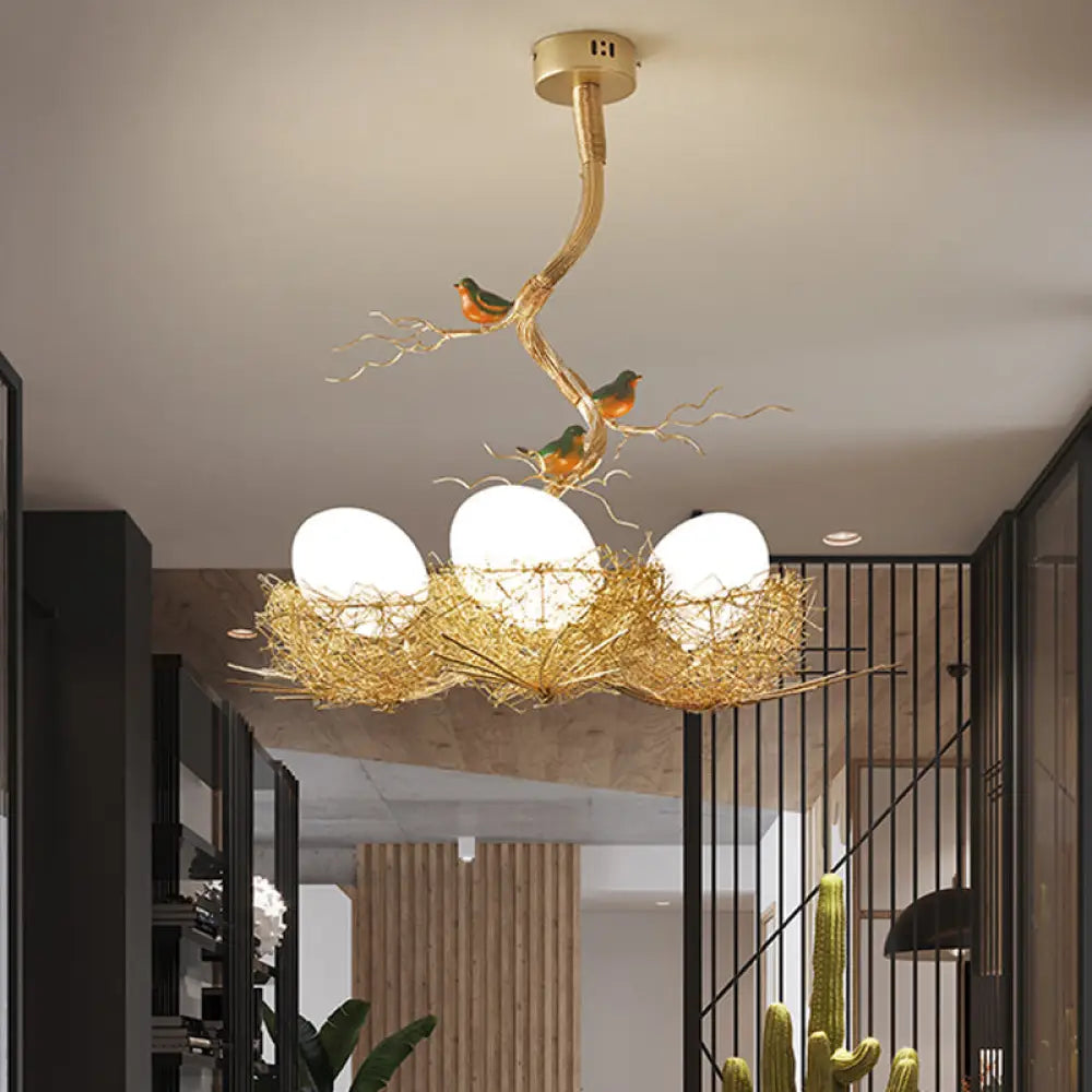 DecorBites™ Artistry Milk White Glass Ball Chandelier Pendant 1/2/3-Light Golden Hanging Lamp with Birds and Hand Sewn Aluminum Nest