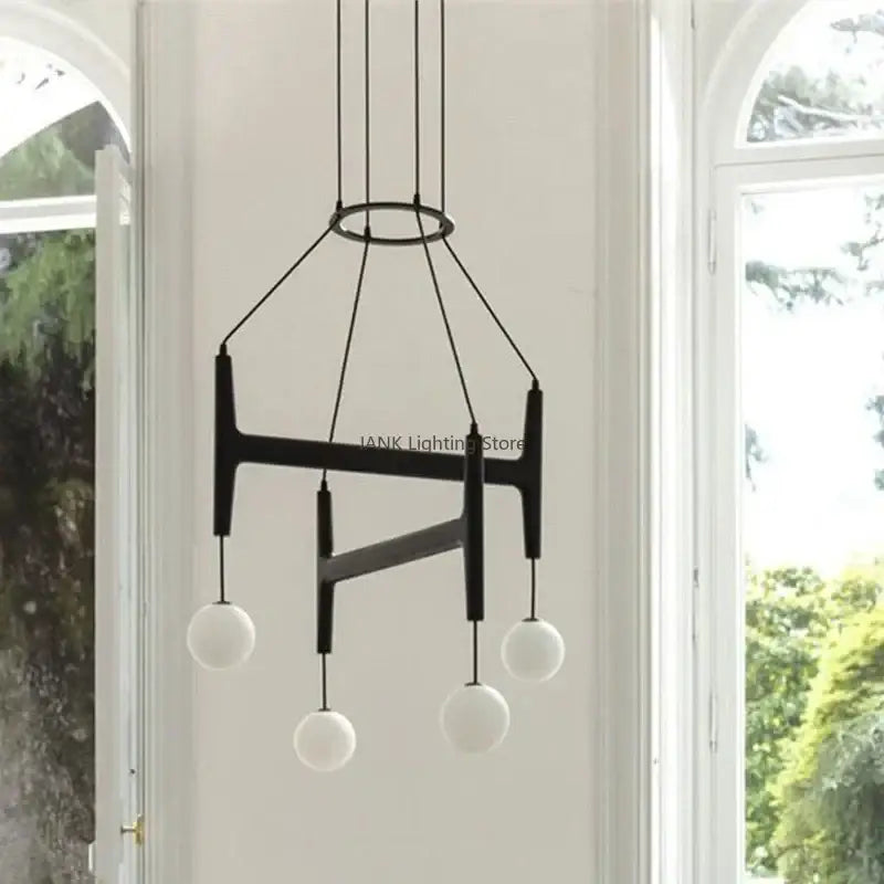 Modern astra wood pendant light with white glass shades dining room