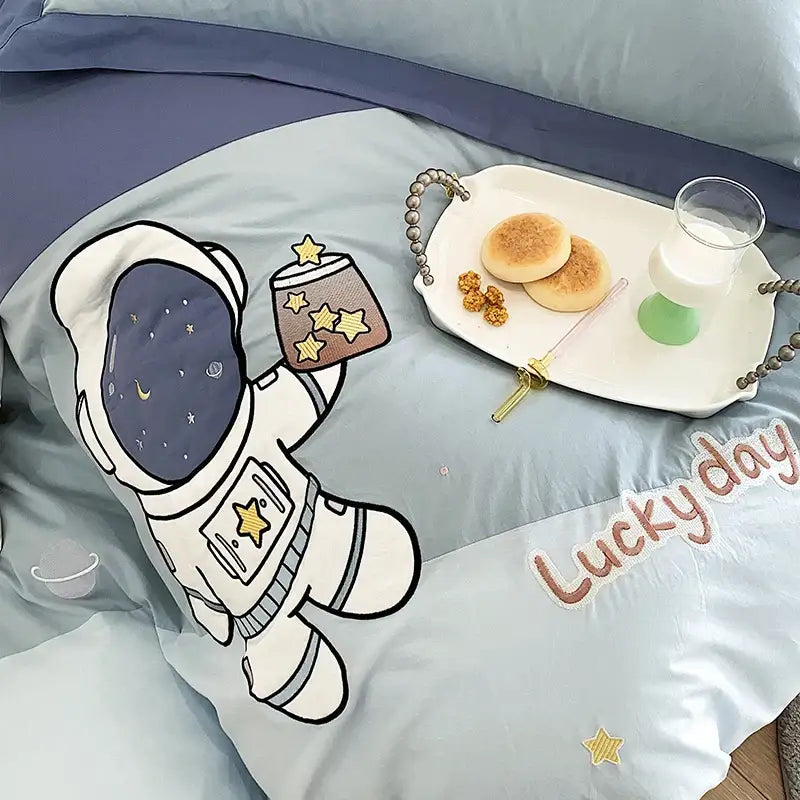 Astronaut cartoon embroidery light blue cotton bedding set bedroom