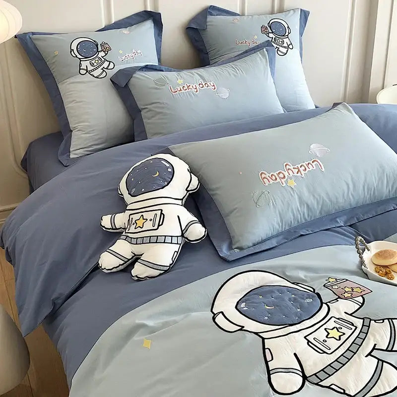 Astronaut cartoon embroidery light blue cotton bedding set bedroom