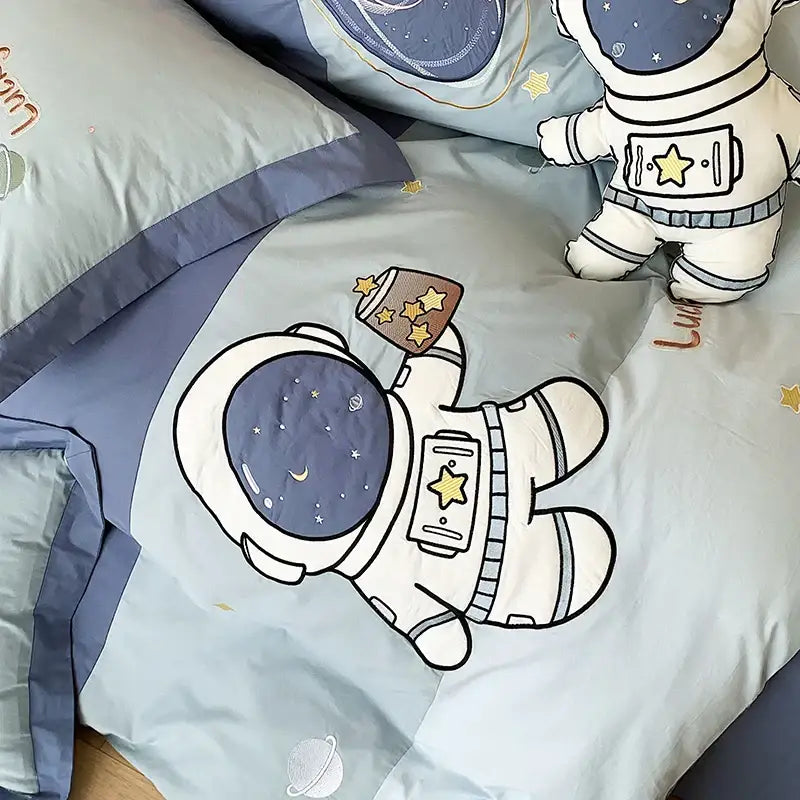 Astronaut cartoon embroidery light blue cotton bedding set bedroom