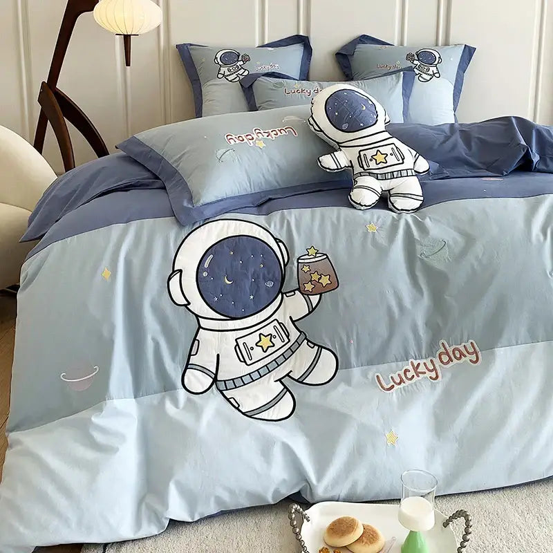 Astronaut cartoon embroidery light blue cotton bedding set bedroom