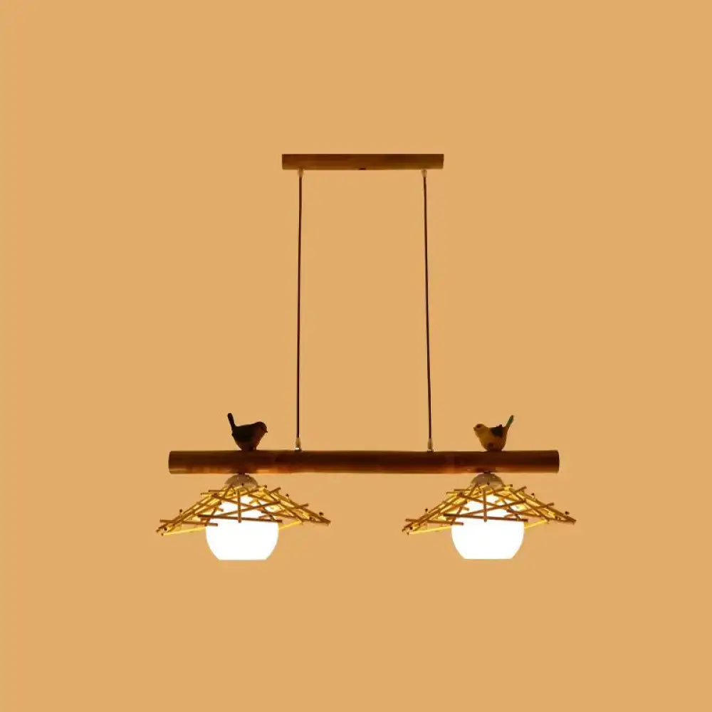 Rustic bamboo pendant with birds and white glass globe dining room