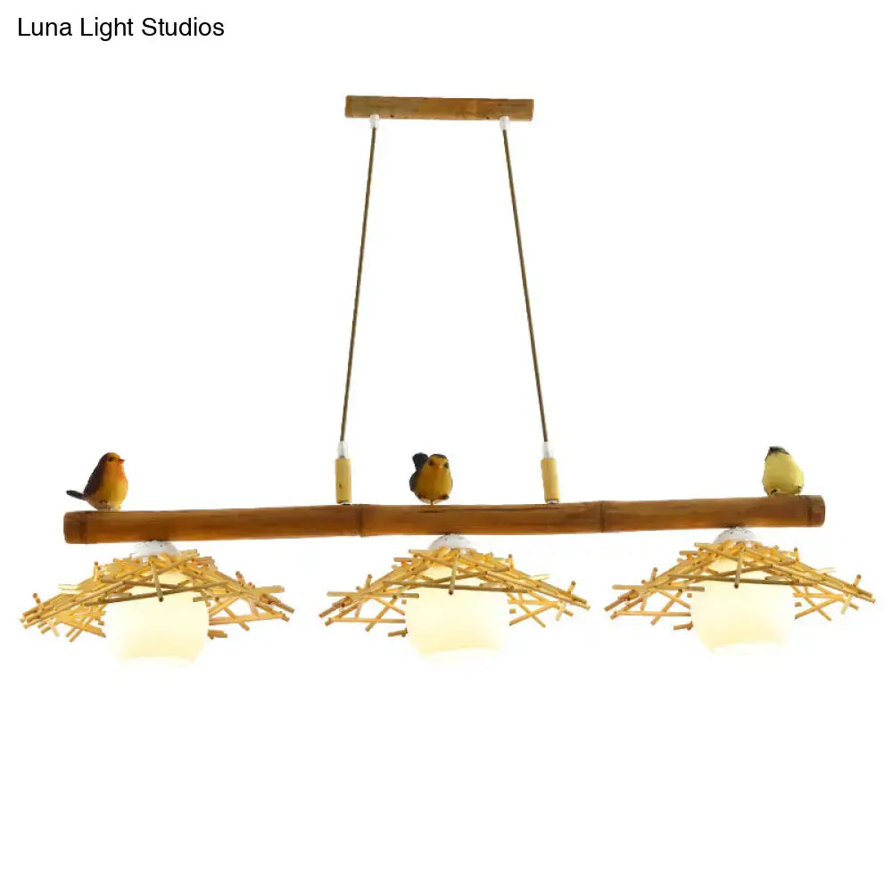 Rustic bamboo pendant with birds and white glass globe dining room
