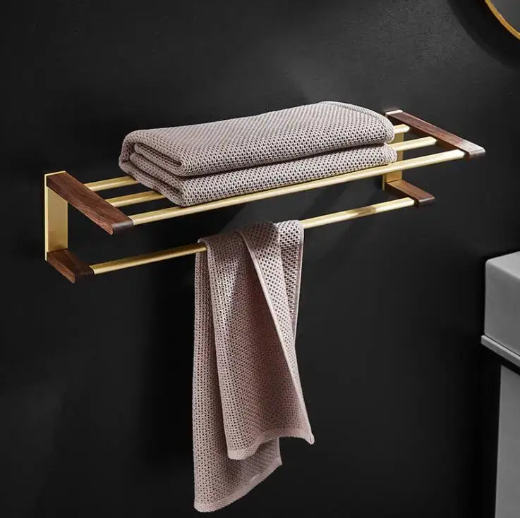 Modern gold & dark wood bathroom hardware set – bathroom rack