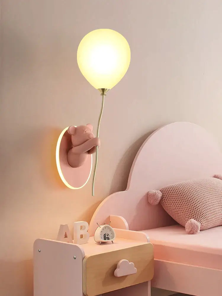 Pink & yellow bear artistic kids wall lamp bedroom balloon sconce
