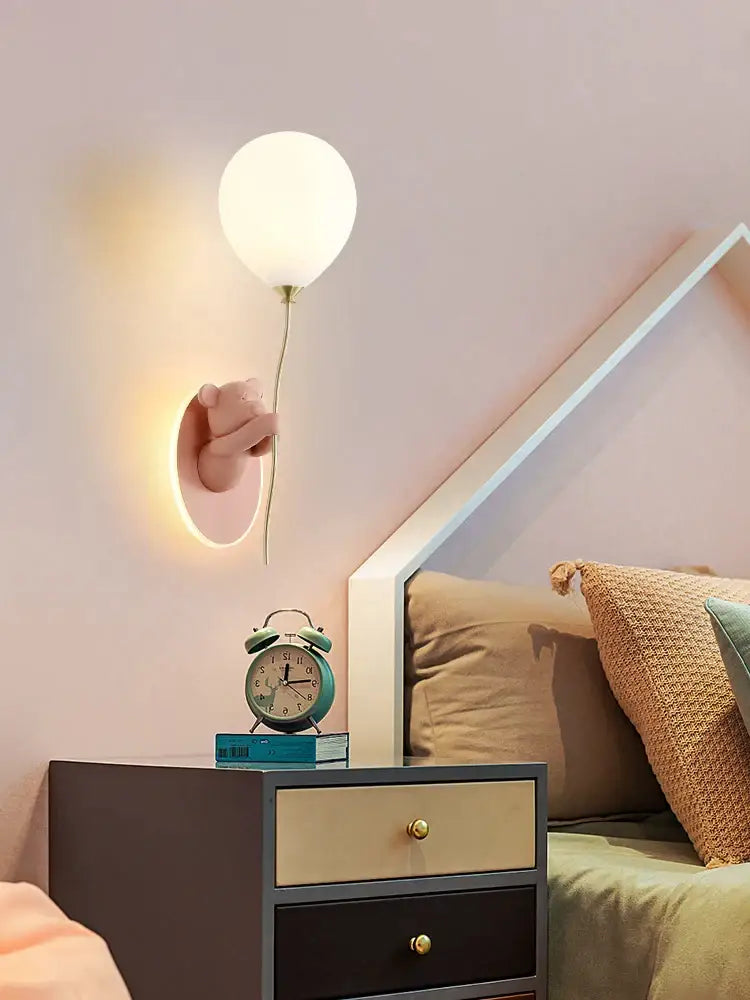 Pink & yellow bear artistic kids wall lamp bedroom balloon sconce
