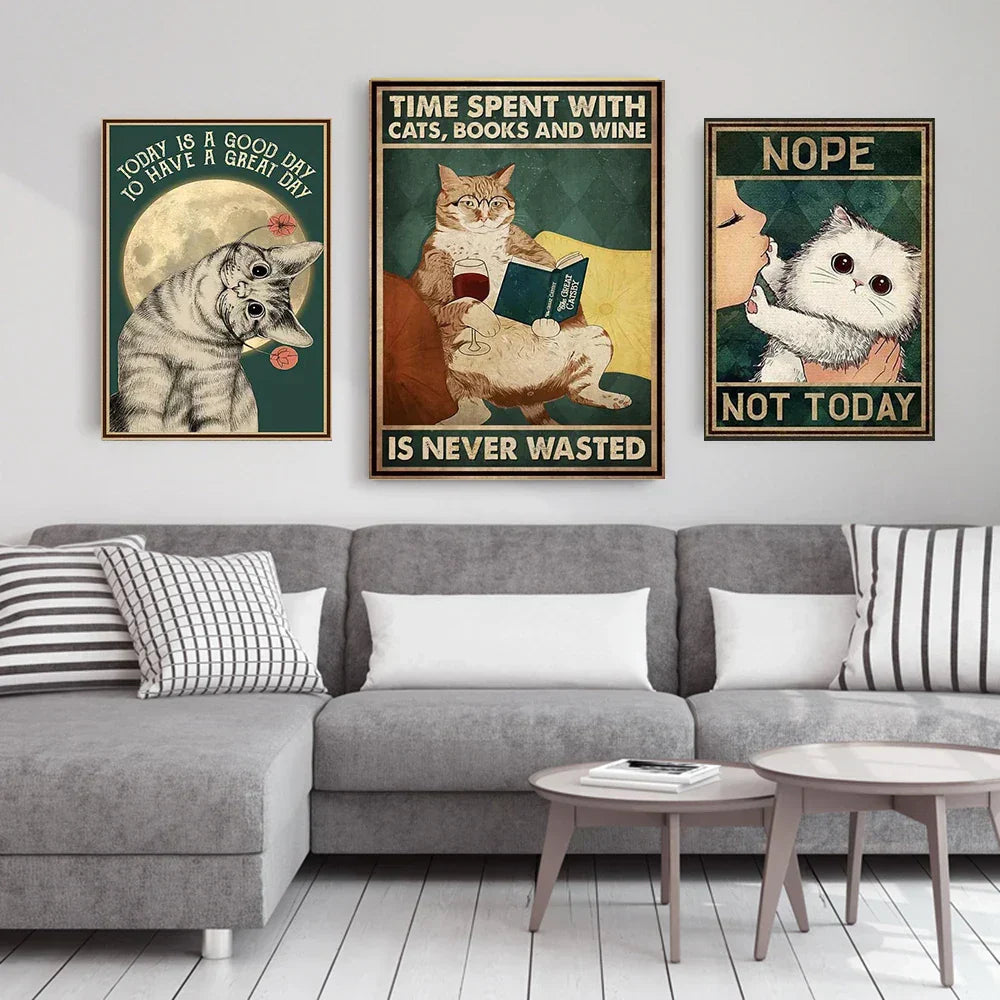 Vintage teal and gold black cat music poster living room wall art