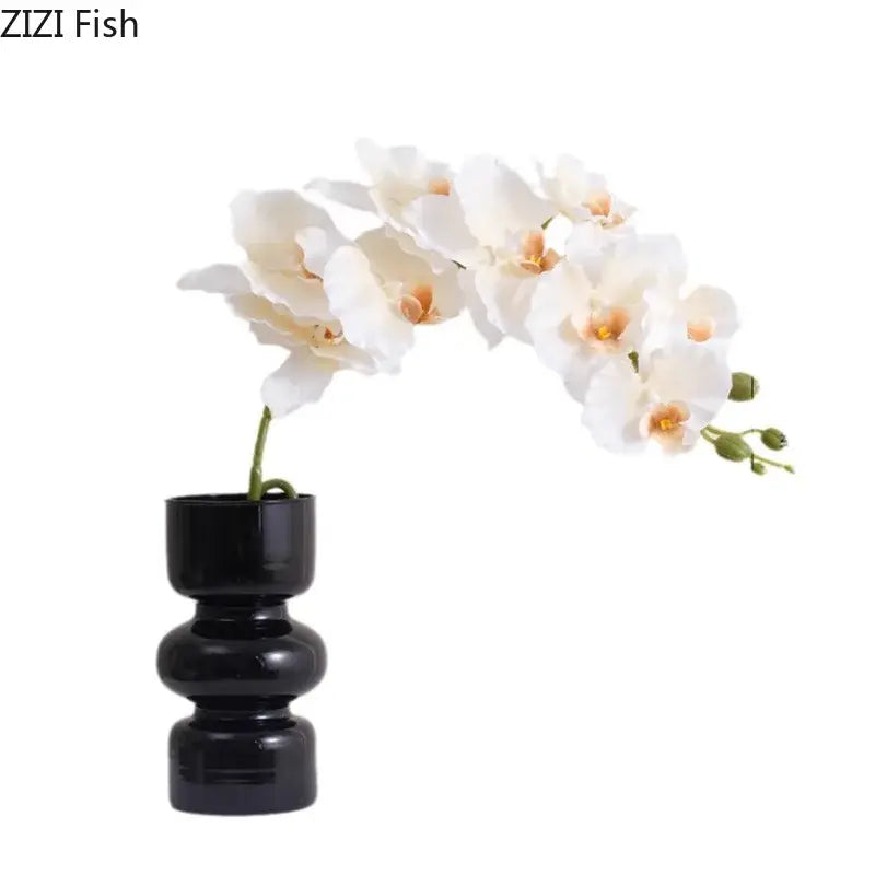 Modern purple & blue orchid artificial flowers in black glass vase living room decor