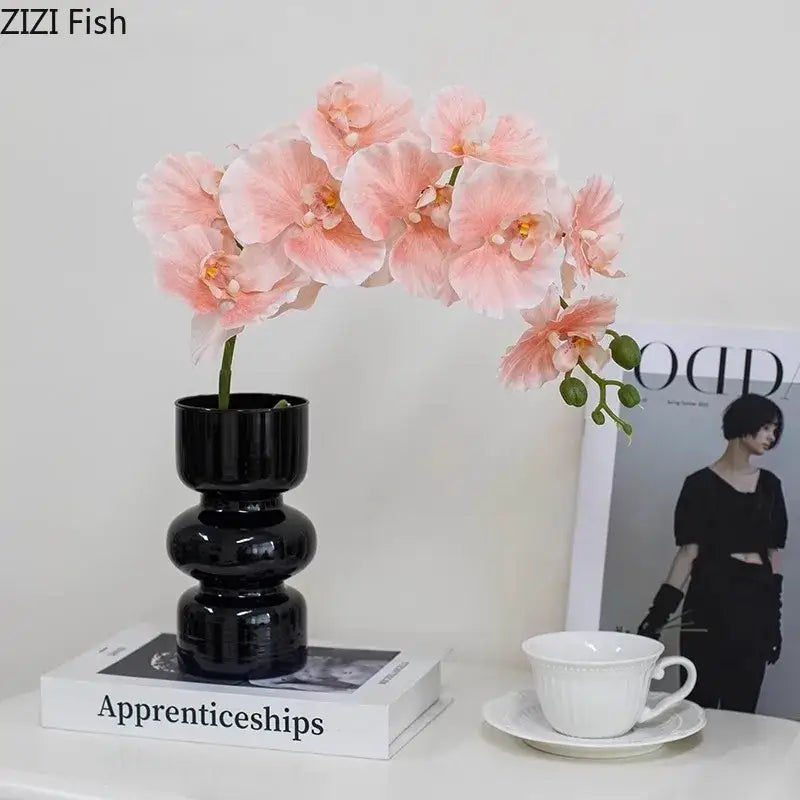 Modern purple & blue orchid artificial flowers in black glass vase living room decor