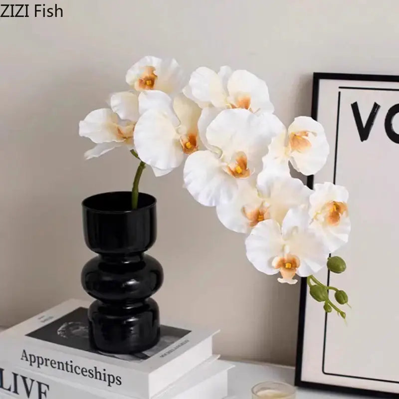 Modern purple & blue orchid artificial flowers in black glass vase living room decor