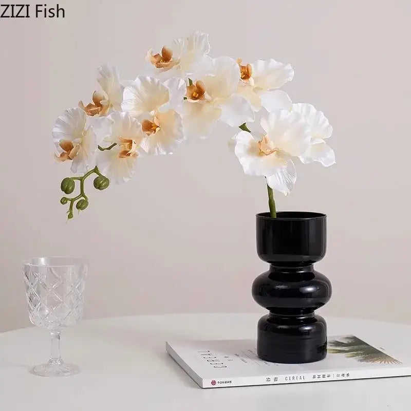 Modern purple & blue orchid artificial flowers in black glass vase living room decor