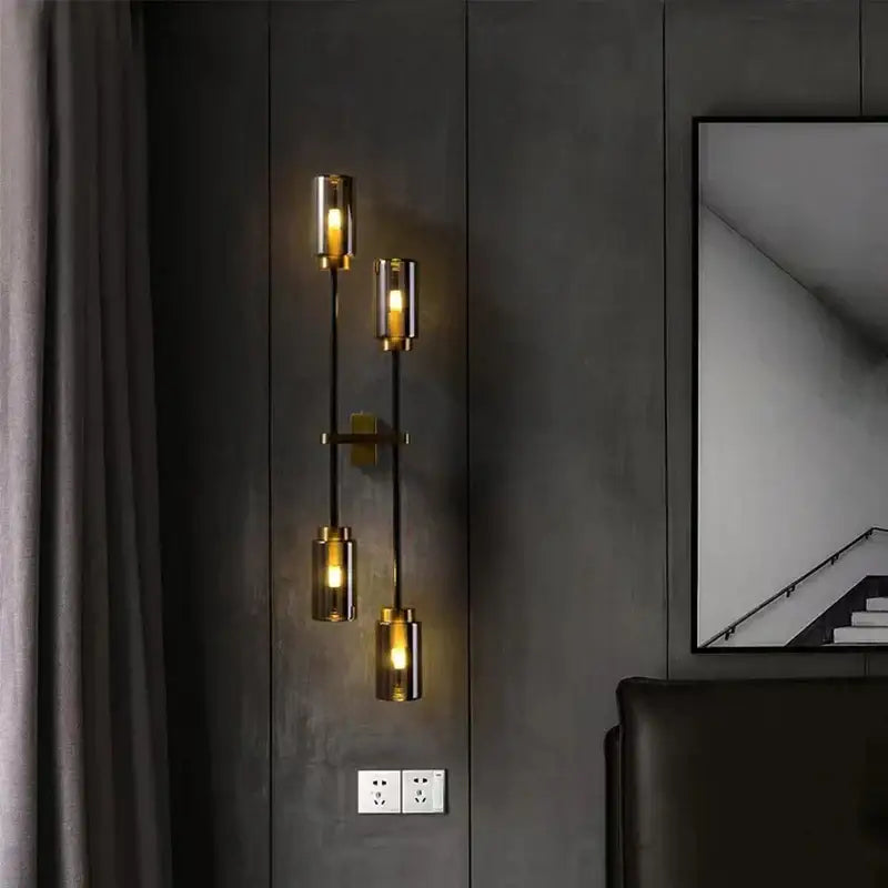 Modern brass and black glass wall lamp living room sconce