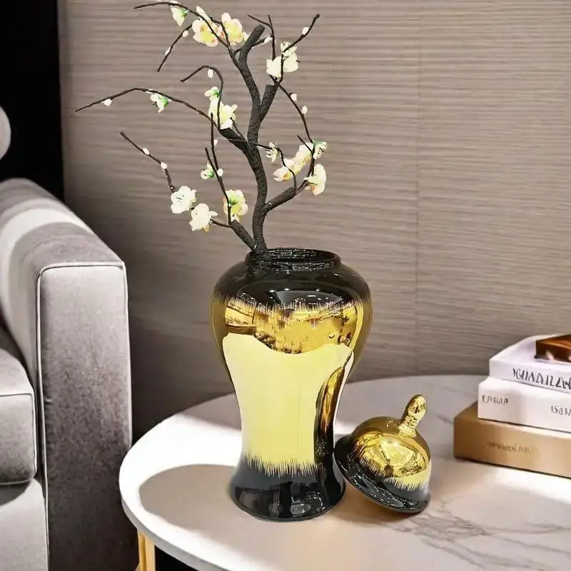 Modern black gold gradated ginger jar living room ceramic vase