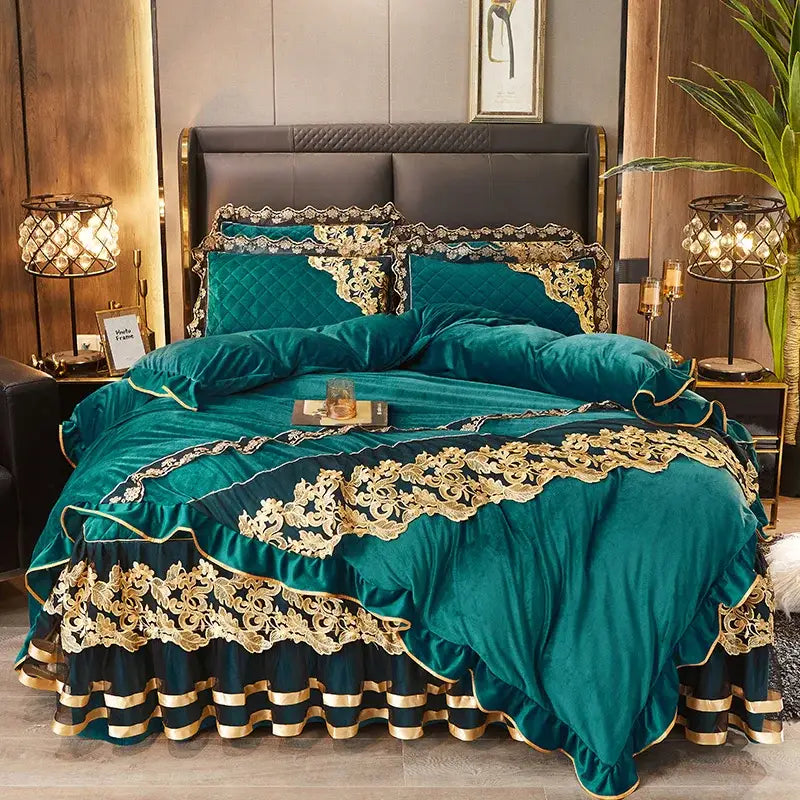 Luxury navy & gold lace duvet bedroom set with quilted embroidery