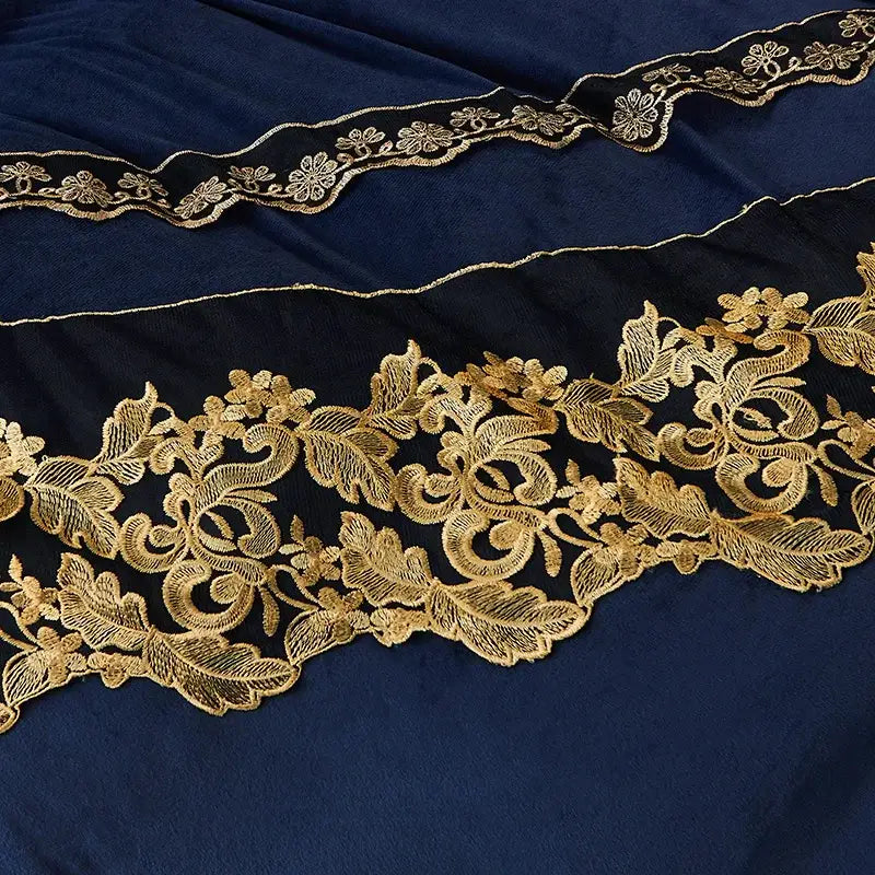 Luxury navy & gold lace duvet bedroom set with quilted embroidery