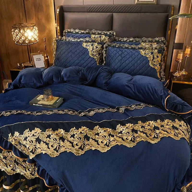 Luxury navy & gold lace duvet bedroom set with quilted embroidery