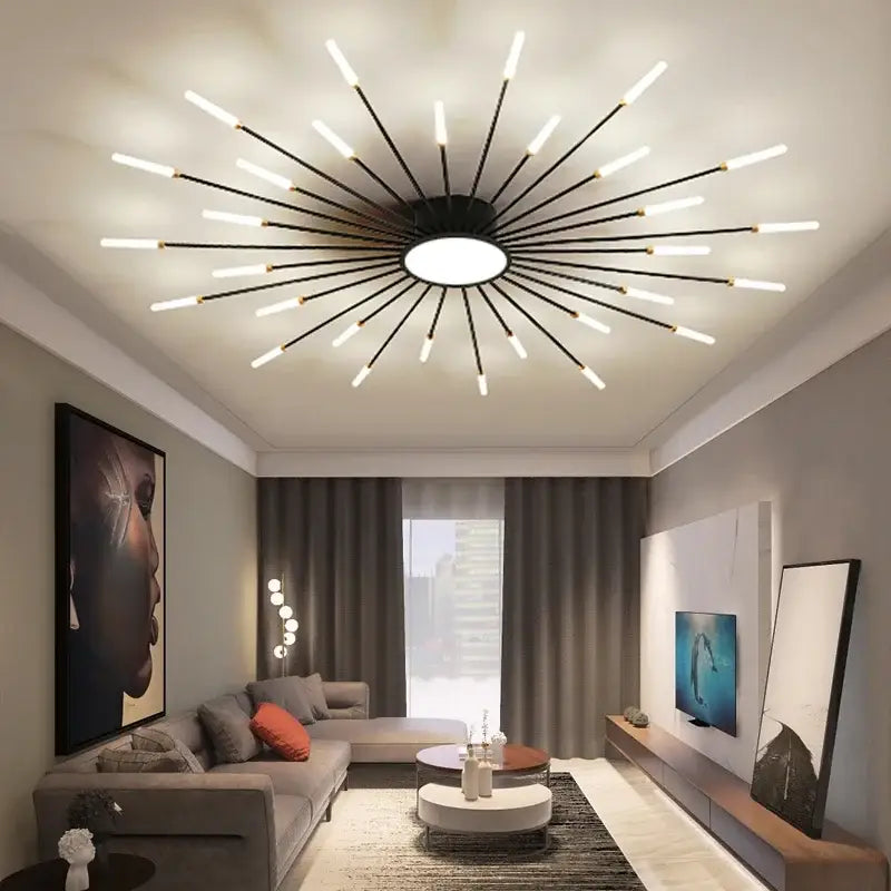 Modern black & gold led chandelier for living room sunburst design