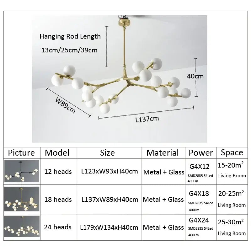 Black gold glass ball branch chandelier for living room