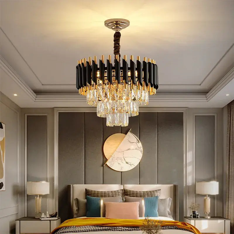 Modern black & gold metal led chandelier dining room crystal lamp