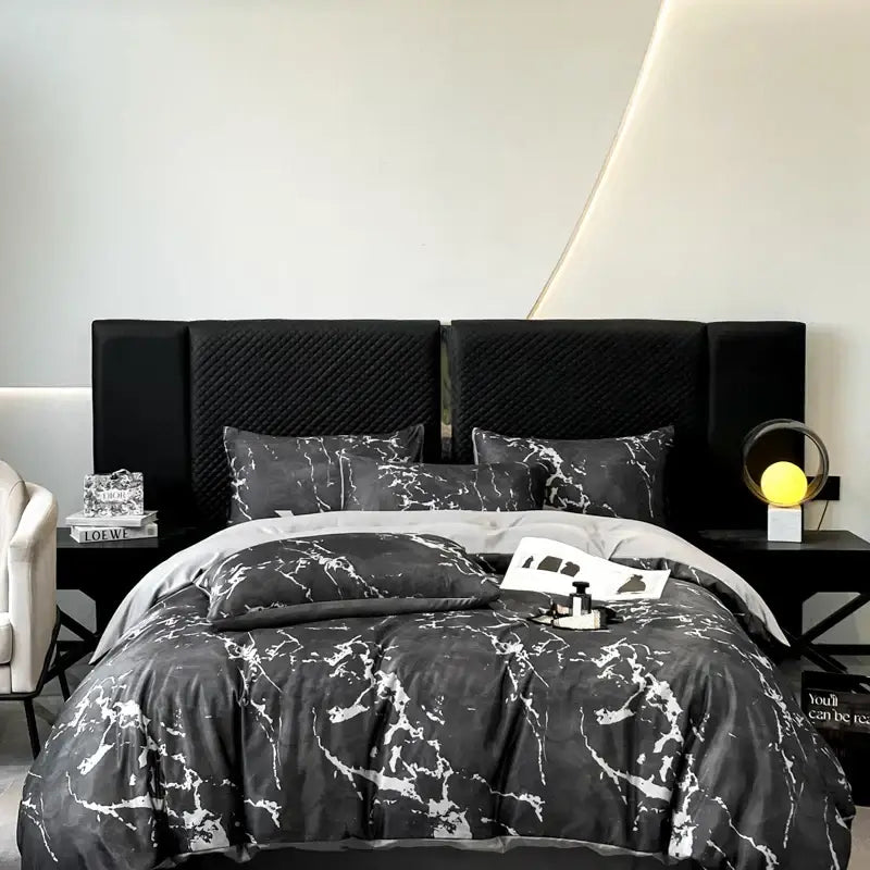 Luxury black & grey marble satin duvet cover set bedroom cooling bedding