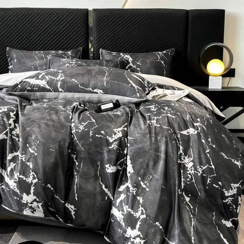 Luxury black & grey marble satin duvet cover set bedroom cooling bedding