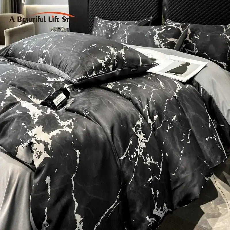 Luxury black & grey marble satin duvet cover set bedroom cooling bedding