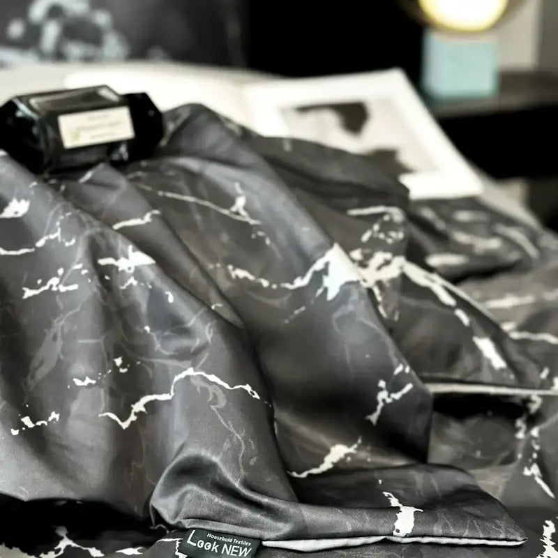 Luxury black & grey marble satin duvet cover set bedroom cooling bedding