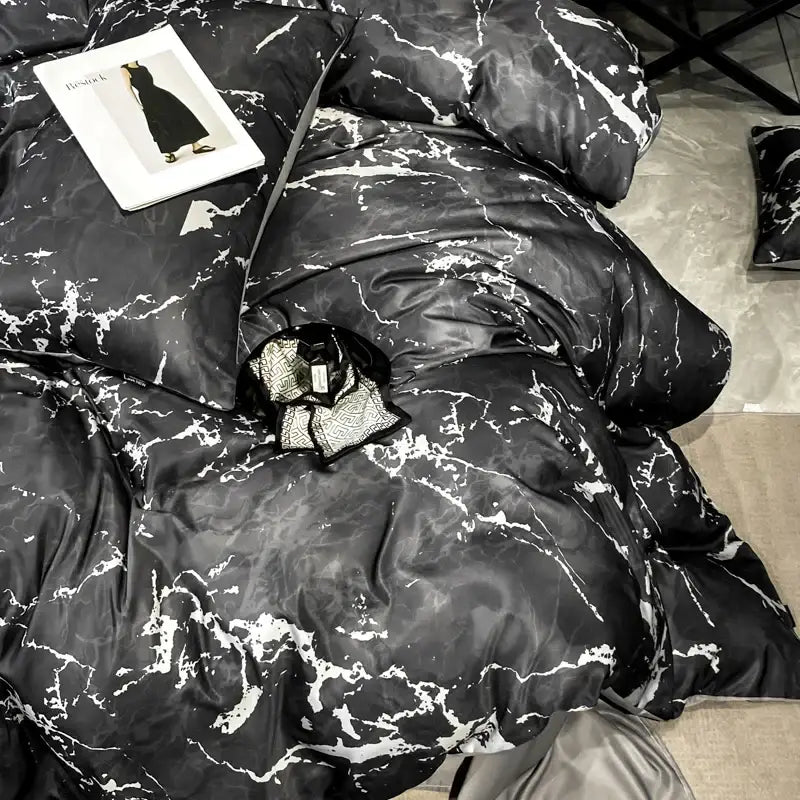 Luxury black & grey marble satin duvet cover set bedroom cooling bedding