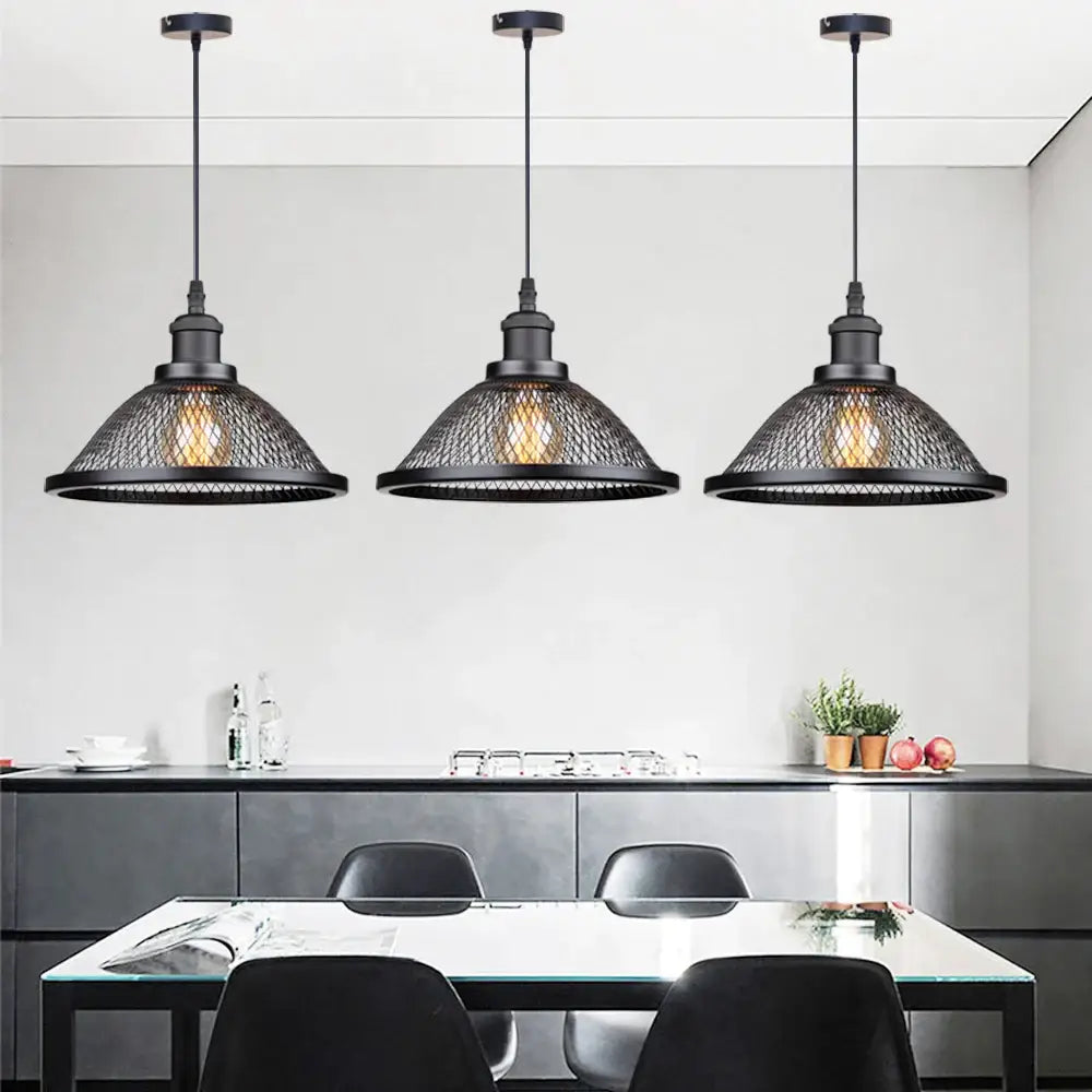 Industrial black mesh cage pendant light kitchen island
