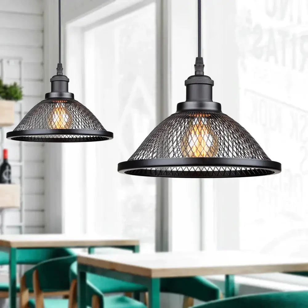 Industrial black mesh cage pendant light kitchen island