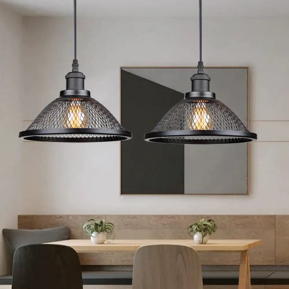 Industrial black mesh cage pendant light kitchen island