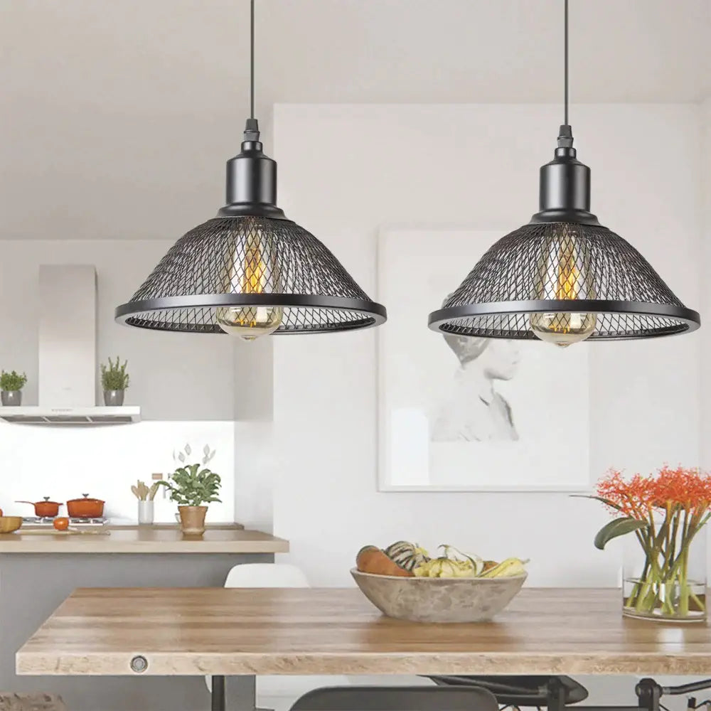 Industrial black mesh cage pendant light kitchen island