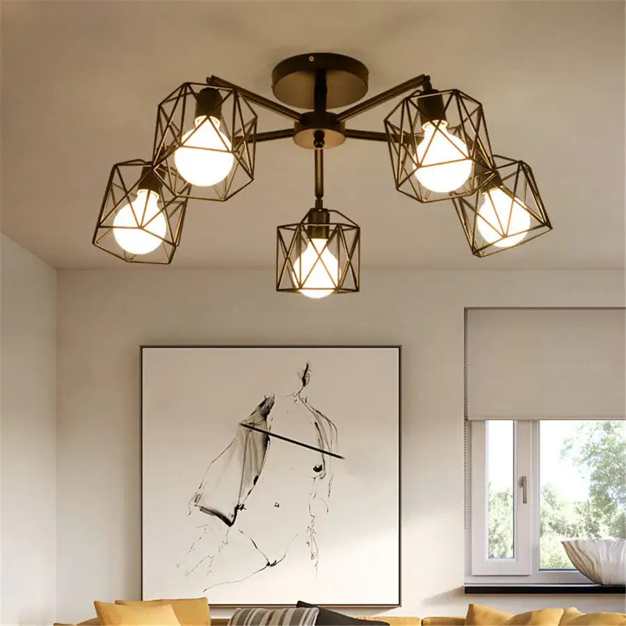 Modern black iron cage chandelier – dining room spider ceiling lamp