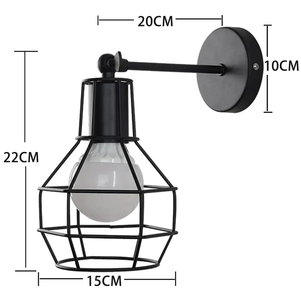 Retro black iron cage wall lamp for bedroom with amber bulb