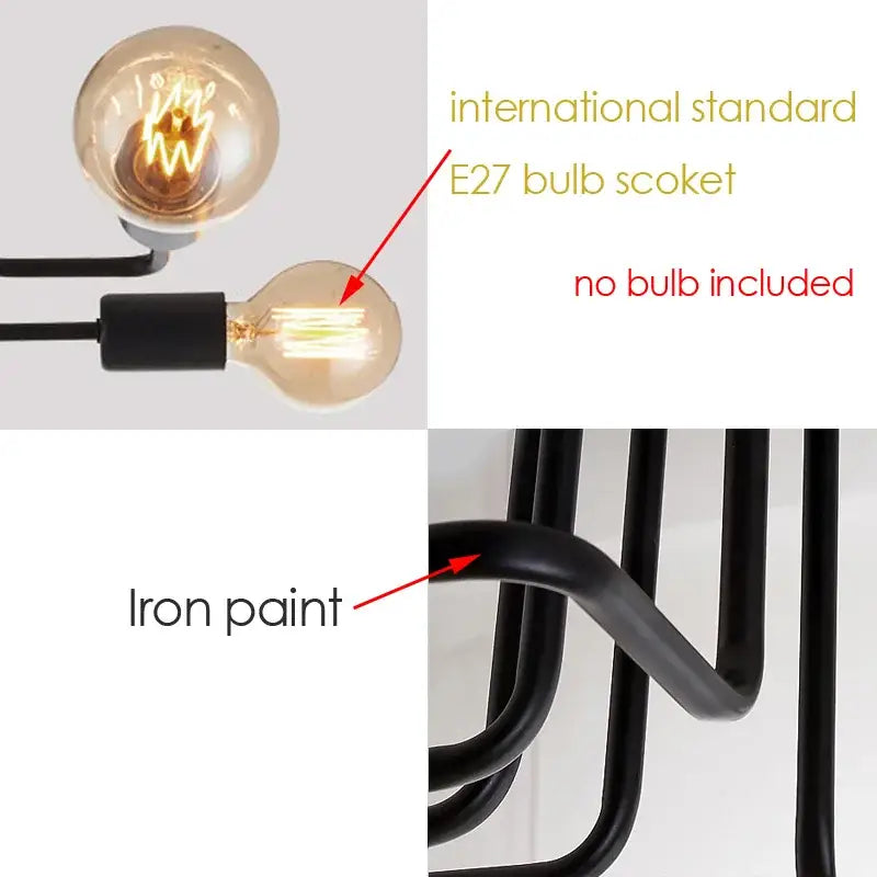 Industrial black iron ceiling light with 4 exposed bulbs for living room
