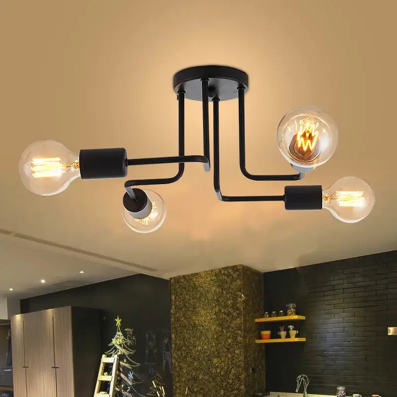 Industrial black iron ceiling light with 4 exposed bulbs for living room