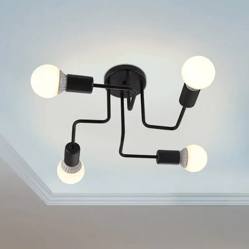 Industrial black iron ceiling light with 4 exposed bulbs for living room