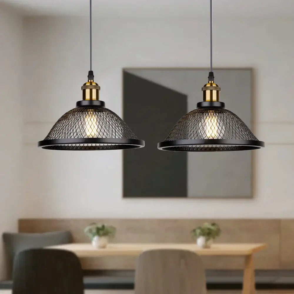 Industrial black and brass mesh pendant light fixture kitchen