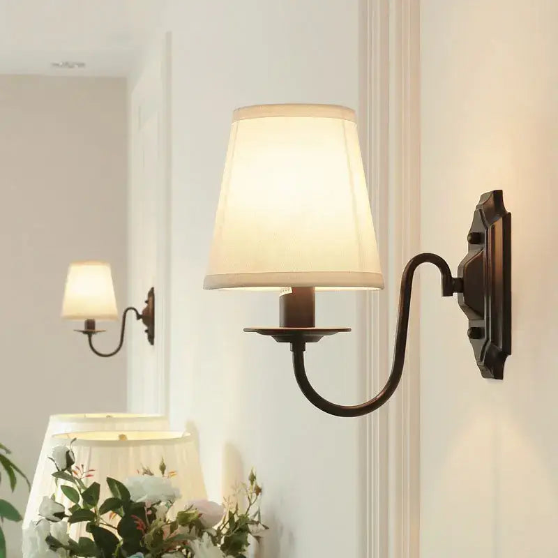 Antique bronze iron wall lamp with fabric shade for bedroom