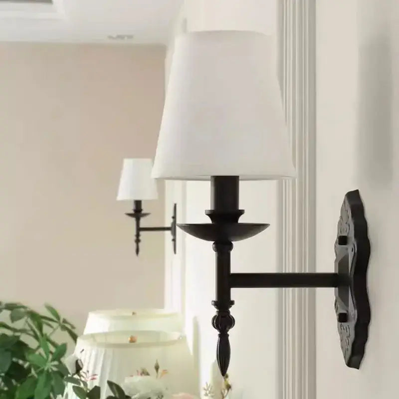 Retro dark bronze iron wall lamp bedroom fabric sconce