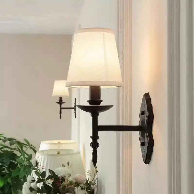 Retro dark bronze iron wall lamp bedroom fabric sconce
