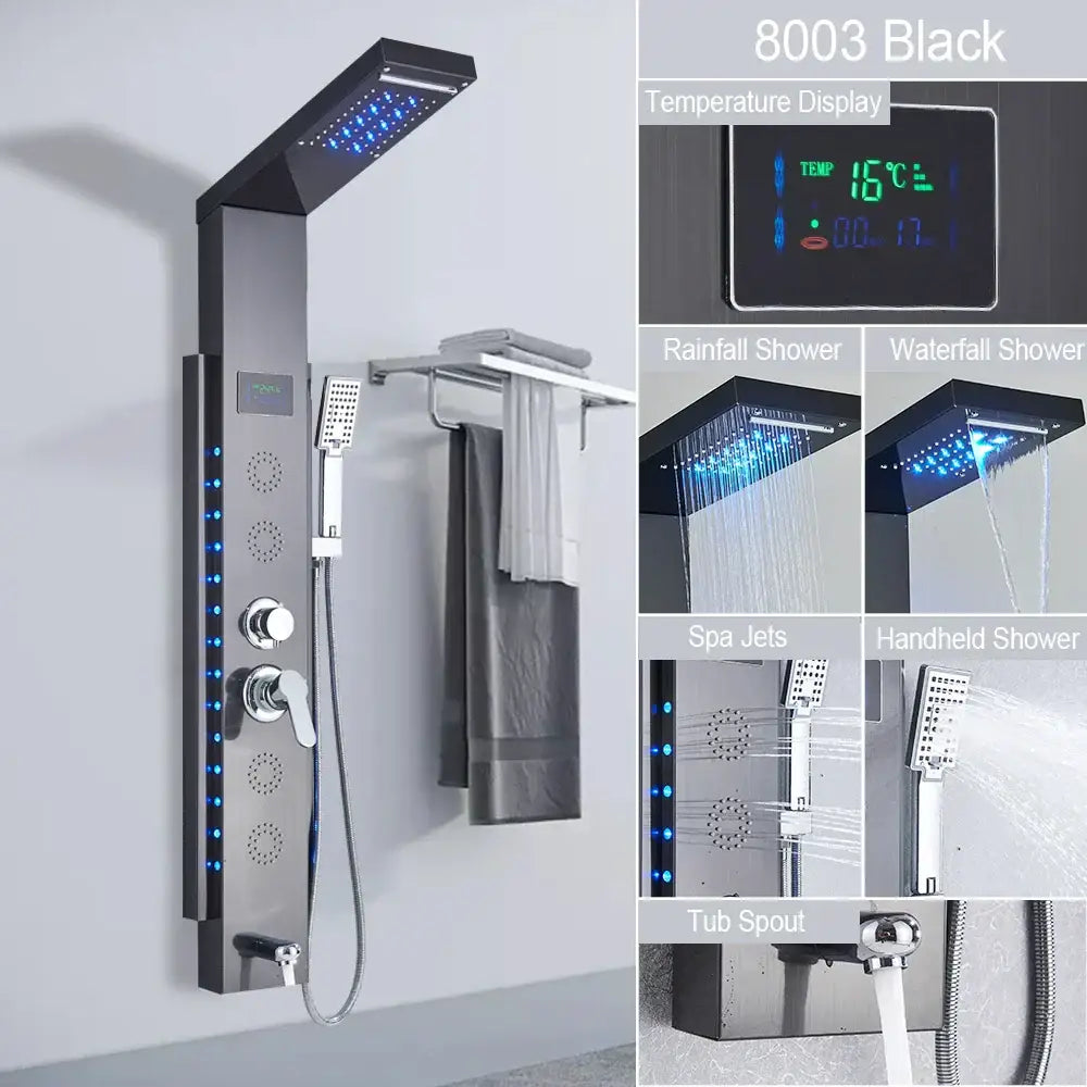 Modern black led shower panel bathroom faucet with 5 functions