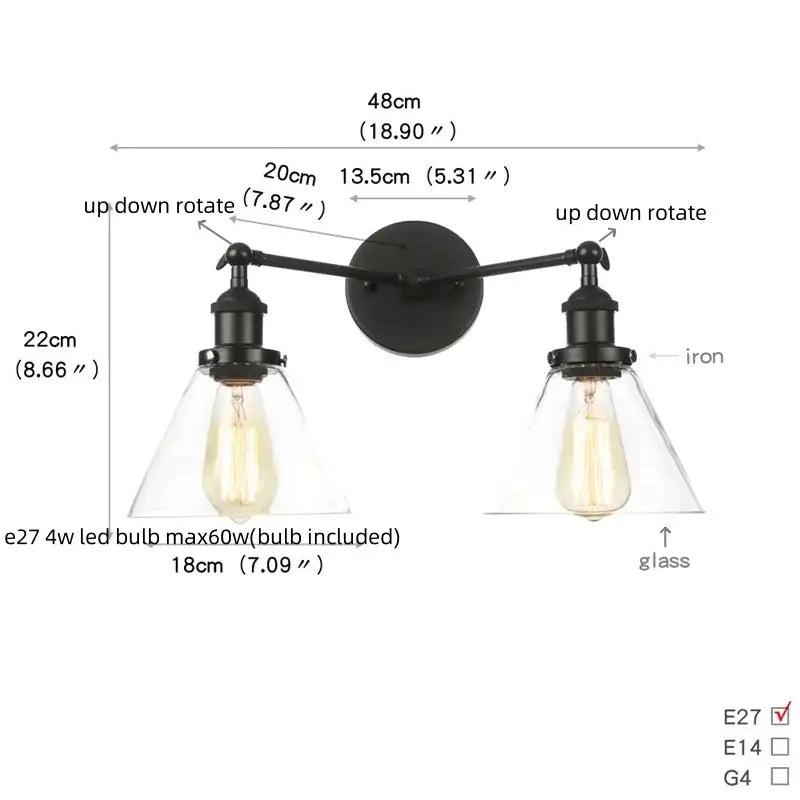 Industrial black led wall sconce with glass shades for bedroom