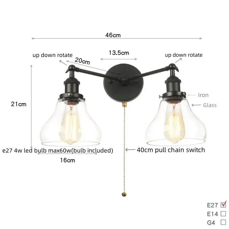 Industrial black led wall sconce with glass shades for bedroom